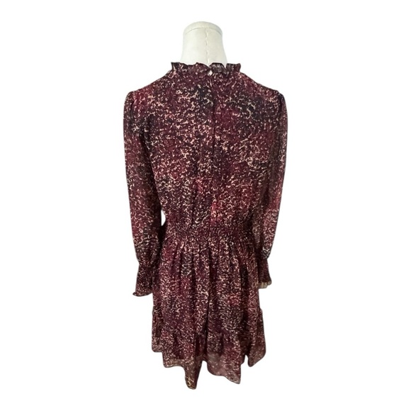 TAYLOR Black Maroon Print Long Sleeve Chiffon Smocked Waist Mini Dress Size 8 - Picture 6 of 10